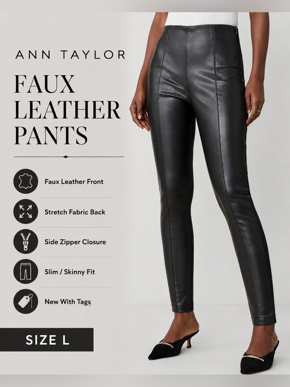 Ann Taylor Faux vegan Leather Pants Black Stretch slim fit Skinny leggings edgy